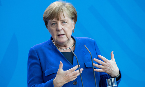 지난 20일(현지시간) 앙겔라 메르켈 독일 총리가 베를린에서 열린 신종 코로나바이러스(코로나19)에 대한 내각회의 후 성명을 발표하고 있다. 베를린=EPA연합뉴스