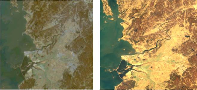 새만금 연안을 찍은 천리안1호(왼쪽)와 천리안2B호 사진. 천리안2B호에서는 금강 등 여러 하천이 선명히 촬영돼 담수가 해양에 미치는 영향을 더 정밀하게 관측할 수 있다. 과기정통부 제공