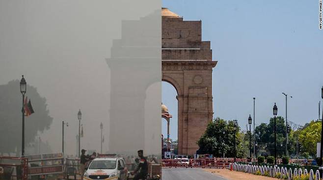 코로나19 사태 이전(왼쪽)과 이후(오른쪽), 인도 뉴델리시 모습 (사진 출처 : CNN)