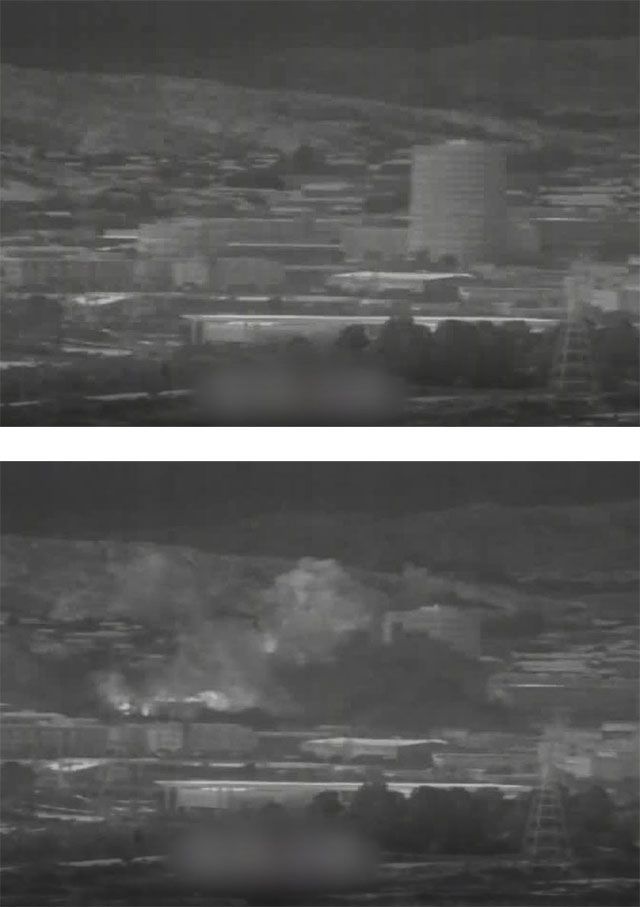 ▲ 남한 군 감시장비로 포착한 남북공동연락사무소 폭파 영상. 위쪽 사진은 폭파 전이고 아래 사진이 폭파 후 모습이다. ⓒ청와대