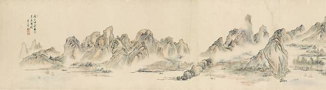 이인문의 스승인 현재 심사정의 ‘촉잔도’. 이 그림 역시 가로 무려 818㎝, 세로 58㎝의 대작이다. 문화재 수집가인 간송 전형필 선생이 보존 상태가 좋지 않아 너덜너덜한 ‘촉잔도권’을 5000원에 수집했고, 다시 6000원을 더들여 수리·표구했다. 이 ‘촉잔도’는 정형 산수화이다.|간송미술관 소장