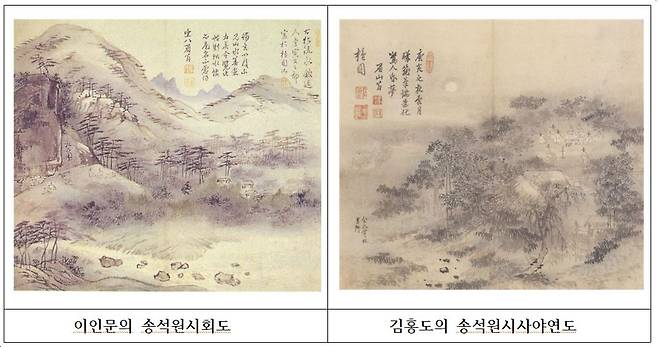 1791년(정조 15년) 중인 출신 시인인 천수경(?~1818)의 인왕산 집 이름(송석원)을 따서 결성한 시모임(‘송석원시사’)를 주제로 그린 이 이인문의 ‘송석원시회도’는 ‘낮’의 시모임(詩會) 장면이다. 밤에 펼쳐진 향연(야연·夜宴)은 김홍도가 그렸다. 김홍도의 그림명은 ‘송석원시사야연도’이다. 같은 주제인데 이인문은 산수화처럼, 김홍도는 풍속화처럼 그렸다. |한독의약박물관 소장