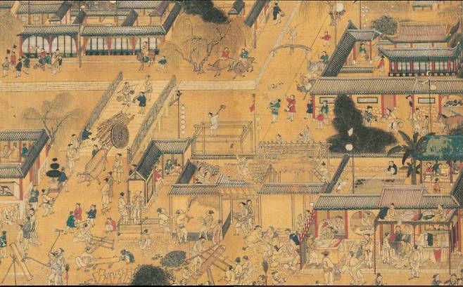 18세기 말 정조연간의 풍물을 그린 ‘태평성시도’. 결혼, 장원급제자, 귀부인의 행렬과 상업, 노동, 농사 등에 종사하고 여가를 누리는 사람들의 모습이 그려져 있다. 이와는 달리 이인문의 ‘강산무진도’는 각 지방에서 올라오는 물자를 실어날라 서울로 운반하는 한강변을 그렸다는 해석이 있다.|국립중앙박물관 제공