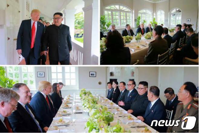 북한 노동신문이 김정은 북한 국무위원장과 도널드 트럼프 미국 대통령의 12일(싱가포르 현지시간) 싱가포르 센토사 섬 카펠라 호텔에서 140여 분에 걸친 단독·확대정상회담과 오찬, 정상회담 공동합의문 채택을 13일 보도했다. (노동신문) 2018.6.13/뉴스1 © News1 이승배 기자