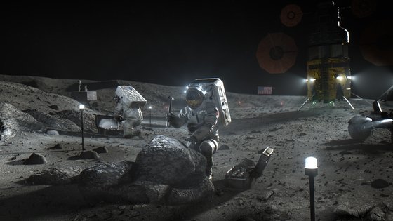 미국 항공우주국(NASA)이 지난 4월 공개한 달 탐사 프로젝트 '아르테미스 계획'의 상상도. 미국은 2024년 이후 유인 달 탐사를 재개할 계획이다. 이 계획엔 일본, 캐나다, 유럽 국가 등이 참여할 예정이다. [AP=연합뉴스]