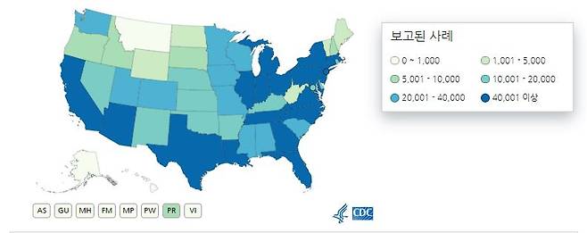 미국 코로나19 확진자 및 사망자 수 지도 ⓒ CDC