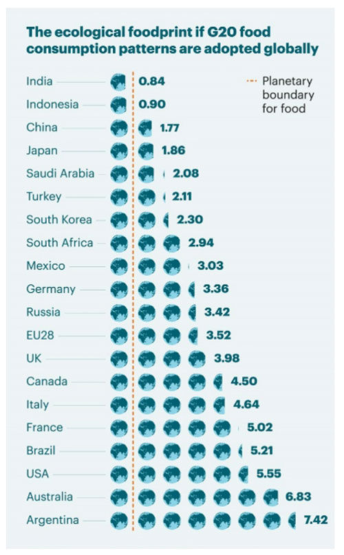 한 국가의 음식 소비를 전 지구로 확대했을 때 필요한 지구의 개수