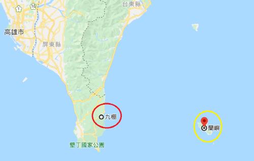 대만 남부 핑둥의 주펑(빨간색 원), 외곽섬 란위(노란색 원) [구글지도 캡처. 재판매 및 DB 금지]