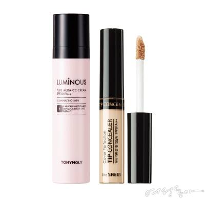 토니모리 루미너스 순수광채 CC크림 SPF30 PA++ 50ml 1만6천8백원. 더샘 커버 퍼펙션 팁 컨실러 SPF28 PA++ 6.5g 5천원.