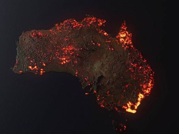 호주 산불을 한눈에 나타내는 3D 이미지. 미 항공우주국(NASA)의 화재관측위성(FIRMS) 제공