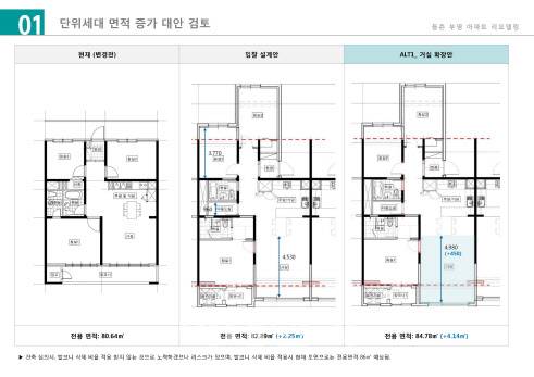 포스코건설의 강서 등촌부영 리모델링 전후 평면 도면.(사진=등촌부영조합)