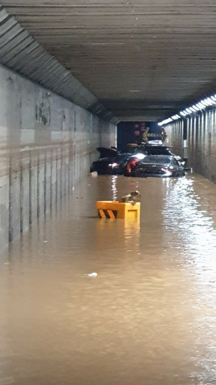 지난 23일 밤 폭우로 침수된 터널 안 차량에 갇혀 3명이 숨진 부산 동구 초량 제1지하차도 안 피해 차량들. /부산소방재난본부 제공