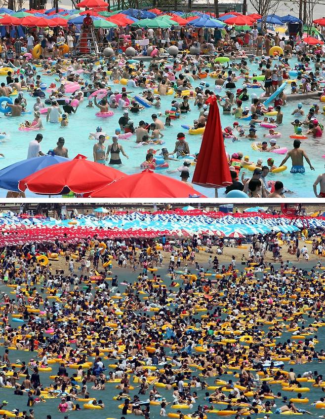 물 반 사람 반. 2009년 서울 뚝섬 수영장(위)과 부산 해운대 해수욕장(아래) 조정호, 이상학 기자