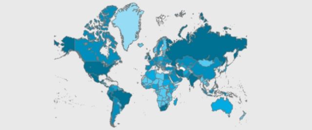 전 세계 코로나19 감염 지도(짙은 색일수록 확진자가 많다). 세계보건기구(WHO) 홈페이지