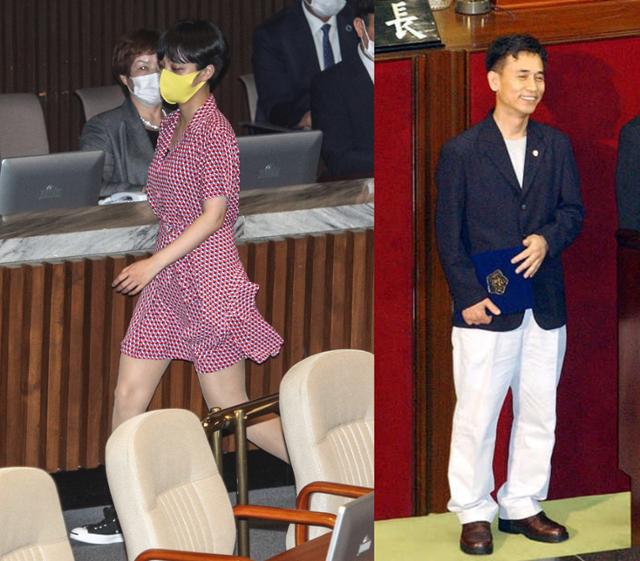류호정(왼쪽) 정의당 의원과 유시민 노무현재단 이사장. 뉴스1, 한국일보 자료사진