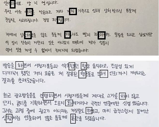 양팡 언니의 사과문(위)과 양팡의 사과문(아래). /사진 = 온라인 커뮤니티 갈무리