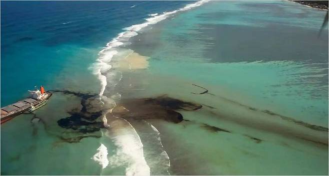 좌초된 일본 화물선 '와카시오'호에서 유출된 기름에 오염된 모리셔스 해안(사진=연합뉴스)