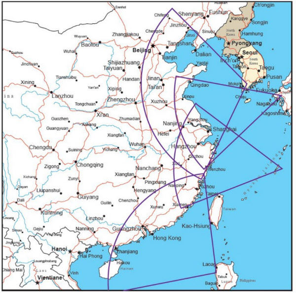 한국과 일본, 필리핀에 사정거리 1200km의 장거리포나 로켓을 배치했을 때의 타격범위 /랜드연구소