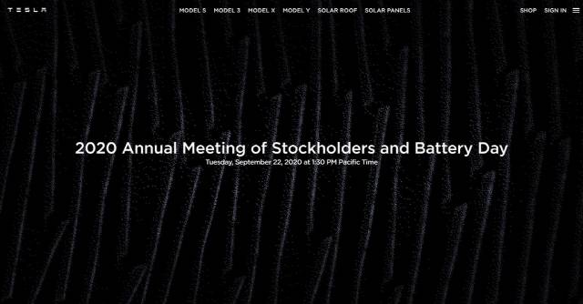 테슬라의 ‘2020년 연례 주주총회 및 배터리 데이’ 안내 홈페이지 화면 /홈페이지 캡처