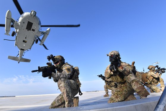지난해 8월 동해 영토수호훈련에서 해군 특전요원(UDT/SEAL)이 해상기동헬기(UH-60)로 독도에 내려 사주경계를 하고 있다. 이날 훈련에는 해병대와 특전사 등 군 특수부대가 대거 동원됐다. [해군 제공]