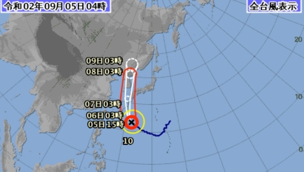 일본 기상청의 제10호 태풍 하이선 경로 예보도. [자료사진]