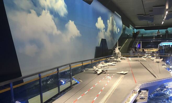 2019년 6월 베이징 시내 중국인민혁명군사박물관에 전시 중인 미래형 항공모함 기능 시범 모델.글로벌타임스 홈페이지 캡처