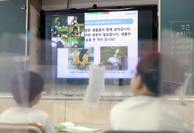 21일 서울 한 초등학교에서 대면, 비대면(원격) 수업이 동시에 진행되고 있다. 뉴시스
