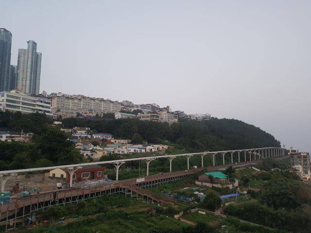 부산 해운대 절경을 감상할 수 있는 해변열차와 스카이 캡슐이 달리는 레일 전경. 연합뉴스