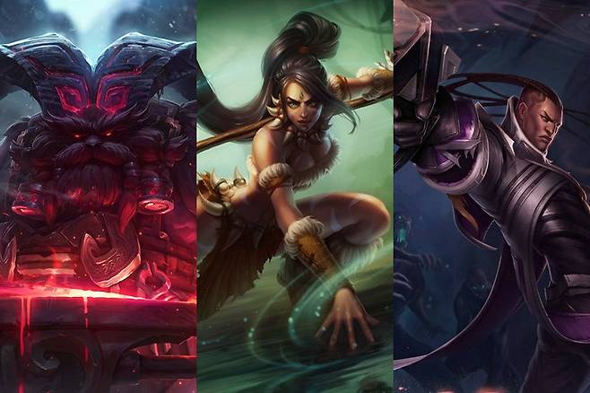 롤드컵 16강 밴픽률 공동 1위에 오른 오른과 니달리, 루시안(왼쪽부터, 사진=라이엇 게임즈 발췌).