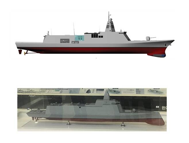 대우조선해양이 KDDX 개념설계 결과물을 활용해 2013년 처음 제작한 모형(위쪽)과 2019년 마덱스에서 현대중공업이 전시한 모형 비교.(서일준 의원실 제공) © 뉴스1