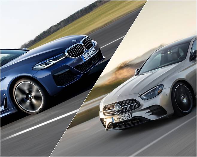 메르세데스-벤츠 E클래스와 BMW 5시리즈는 대표적 라이벌 차종이다. 사진 왼쪽 BMW 5시리즈, 오른쪽 벤츠 E클래스. /사진제공=각사