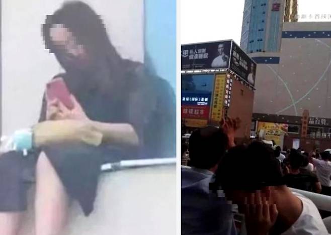 2018년 간쑤성에서 극단적인 선택을 시도하려는 여성(왼쪽)과 이를 촬영하며 방관하는 군중(오른쪽). 결국 이 여성은 군중들의 방관 끝에 스스로 극단적인 선택을 했다. / 사진=바이두