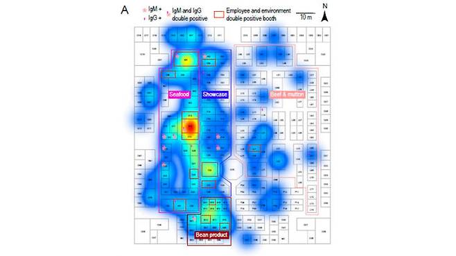 공동 연구논문에 실린 그림. 신파디 시장의 한 수산물 판매 상점에서 코로나19 바이러스가 확산됐다는 증거로 제시됐다. (사진=신경보)