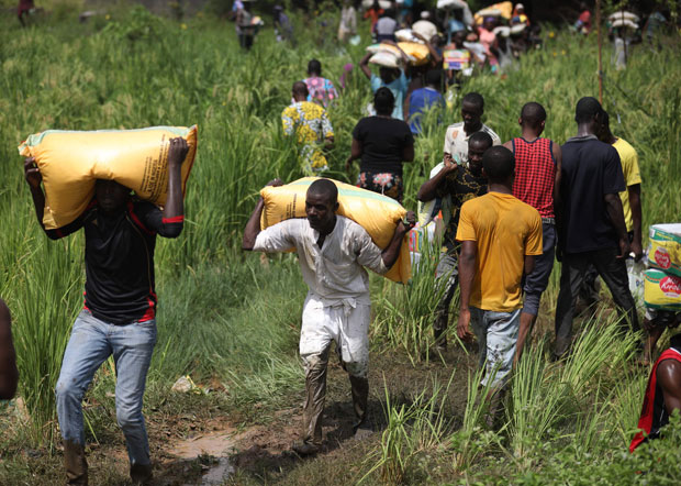 26일(현지시간) 나이지리아 수도 아부자 주민들이 정부 식량창고에서 약탈한 식량을 옮기고 있다./사진=AFP 연합뉴스