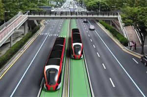 대전 도심 도로를 달리게 될 트램 가상도. 대전시는 도시철도 2호선을 노면전차인 트램으로 건설하는 사업을 추진중이다. /대전시