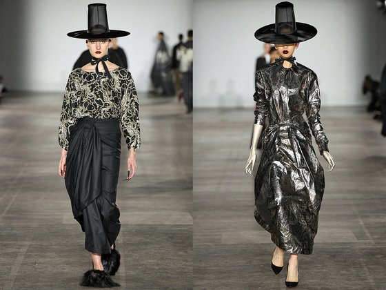 영국에서 활동하는 패션 디자이너 에드워드 크러칠리의 19AW 쇼에 등장한 한국 전통 모자 '갓'. 사진 에드워드 크러칠리.