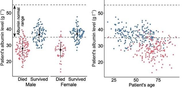 연구팀이 측정한 코로나19 사망자(빨간점)와 생존자(파란점)들의 혈청 알부민 수치. 왼쪽은 성별, 오른쪽은 연령에 따라 조사한 결과다. 사망자가 생존자보다 혈청 알부민 수치가 대체로 낮은 것으로 나타났다./IUCrJ 캡처