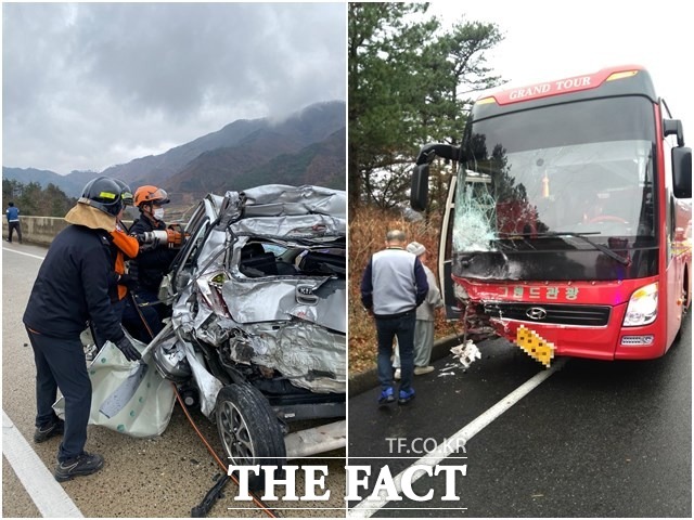 고속도로에서 관광버스와 승용차가 추돌해 1명이 숨지고 1명이 중상을 입었다. 이 사고로 승용차 운전자 A(62·여) 씨가 숨지고 동승자 B 씨는 크게 다쳐 병원으로 옮겨졌다. 사고 당시 관광버스에는 승객 17명이 타고 있었지만 부상자는 없었다. /무주소방서 제공