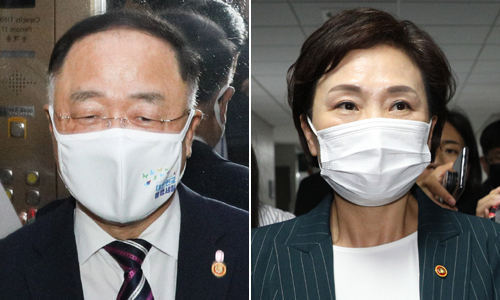 홍남기 부총리(왼쪽)와 김현미 국토교통부 장관. 뉴스1
