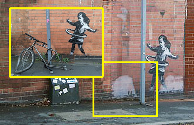 뱅크시의 최근 작품 ‘훌라후프 소녀’ 일부가 사라졌다. BBC는 영국 노팅엄 주택가에 설치된 뱅크시 작품 일부가 없어졌다고 보도했다. 20일(현지시간) 촬영된 사진에는 왼쪽 상단처럼 노란색 박스 부분에 있어야 할 자전거가 보이지 않는다.