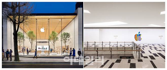 서울 강남구 신사동 애플 가로수길(왼쪽)과 연내 오픈을 준비중인 여의도 IFC몰 내 애플 여의도(오른쪽).