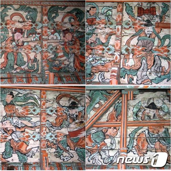 함경남도 고원군 양천사 대웅전 천장에 그려진 무악도(舞樂圖). 무악도들에는 '가야금을 들고 춤을 추는 모습', '장구를 들고 춤추는 모습', '목마를 타고 댕기춤을 추는 모습', '북을 치는 모습', '징을 치며 춤추는 모습' 등이 실감나게 묘사돼 있다. (미디어한국학 제공) 2020.12.19.© 뉴스1