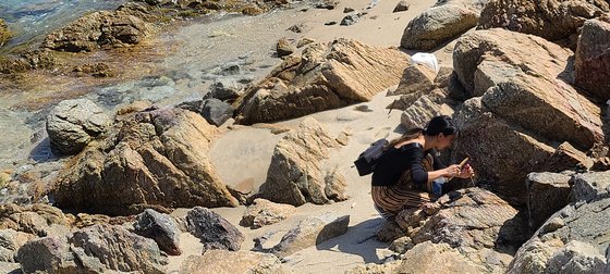 경북 울진의 한 바닷가에서 '뉴락'을 채집중인 장한나 작가의 모습. 사진 장한나