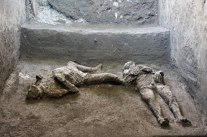지난달 21일(현지시간) 폼페이 외곽의 화려한 별장에서 발굴된 한 남성과 그의 하인. [AP=연합뉴스]
