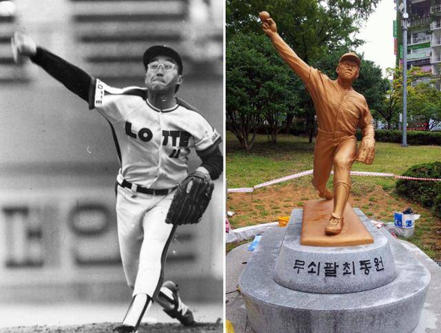 부산 사직구장 광장에는 ‘최동원 기념동상’이 있다. 내려찍듯 역동적이었던 그의 투구 폼을 본 따 만든 것이다. 한국일보 자료사진ㆍ연합뉴스