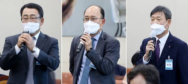 ▲ 유영상 SK텔레콤 MNO 사업대표(왼쪽부터), 강국현 KT 커스터머 부문장, 황현식 LG유플러스 사장이 8일 오후 서울 여의도 국회에서 열린 과학기술정보방송통신위원회의 방송통신위원회에 대한 국정감사에서 각각 질의에 답변하고 있다. /사진=연합뉴스