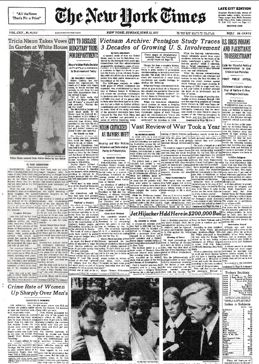 1971년 6월13일자 뉴욕타임스 1면에 닐 시핸의 펜타곤 페이퍼 관련 기사가 보도됐다. 뉴욕타임스 제공.