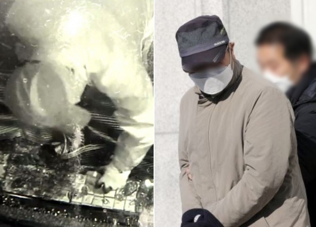 왼쪽은 임모 경위가 금은방을 터는 모습이 찍힌 CCTV 영상 중 일부. 오른쪽은 영장실질심사를 위해 법원에 출석하는 임 경위의 모습. 연합뉴스