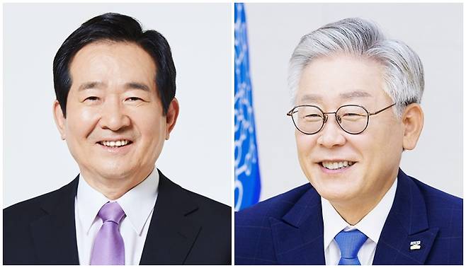 이재명(오른쪽) 경기도지사와 정세균 국무총리