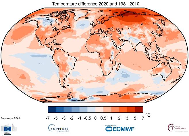 2020년과 1981∼2010년 평균 기온 차이를 보여주는 이미지. [ 코페르니쿠스기후변화서비스(C3S) 홈페이지 캡처. Copernicus Climate Change Service/ECMWF 제공. 재판매 및 DB 금지]